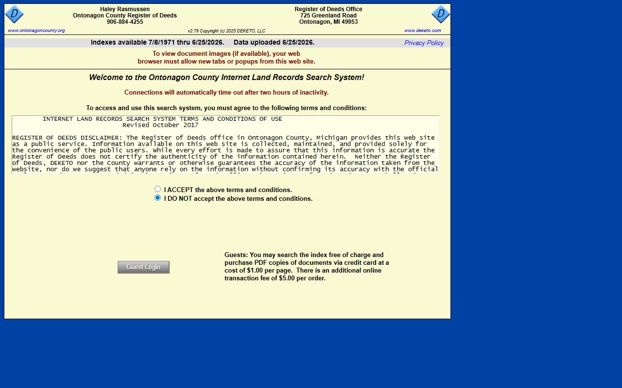 Ontonagon County Register of Deeds public record search portal for recorded land documents