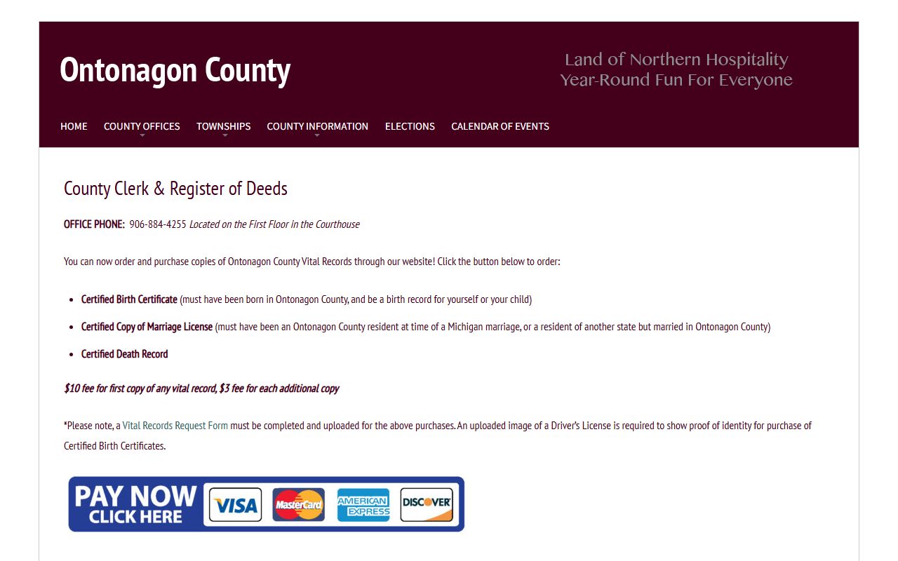 Ontonagon County Clerk and Register of Deeds page listing vital records and land record services
