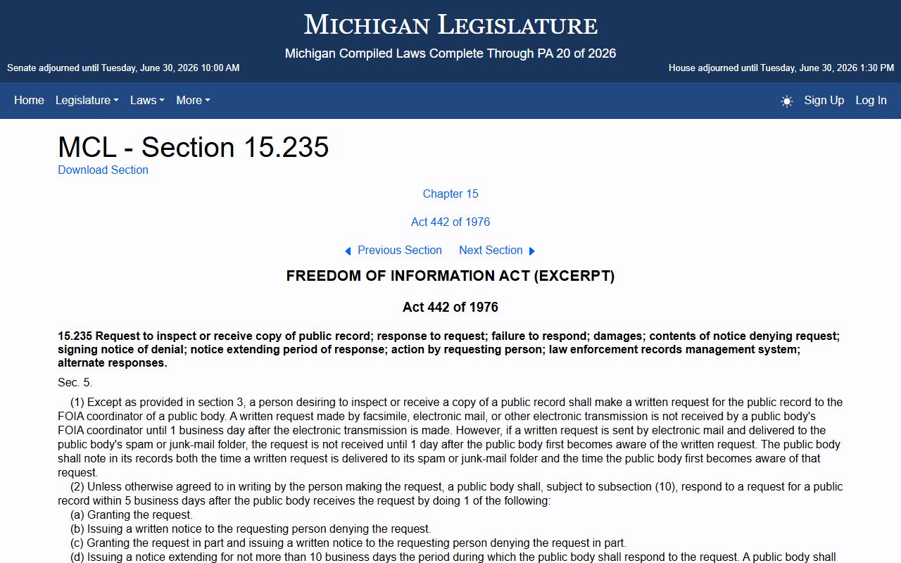 Michigan FOIA request and response statute MCL 15.235 for Ontonagon County public records