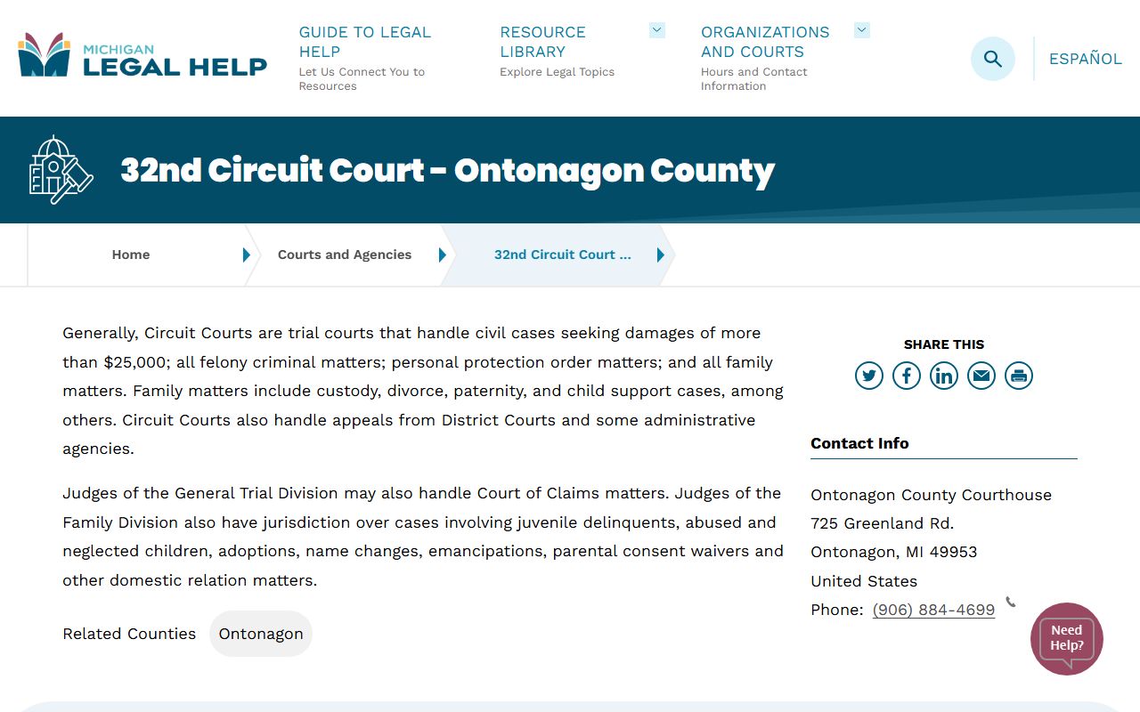 Ontonagon County arrest records and court charges at the 32nd Circuit Court