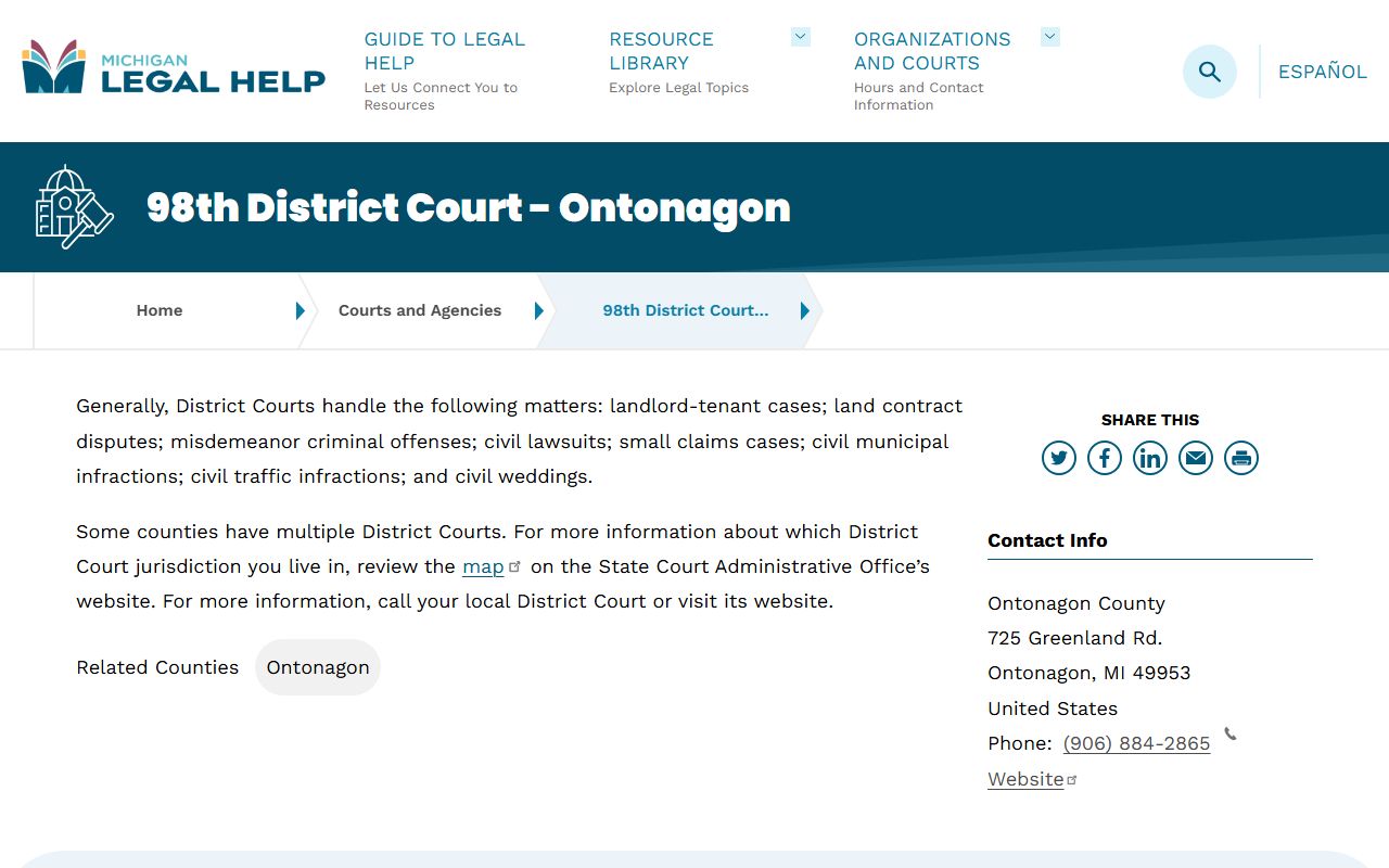 Ontonagon County arrest records and court charge lookup through the 98th District Court