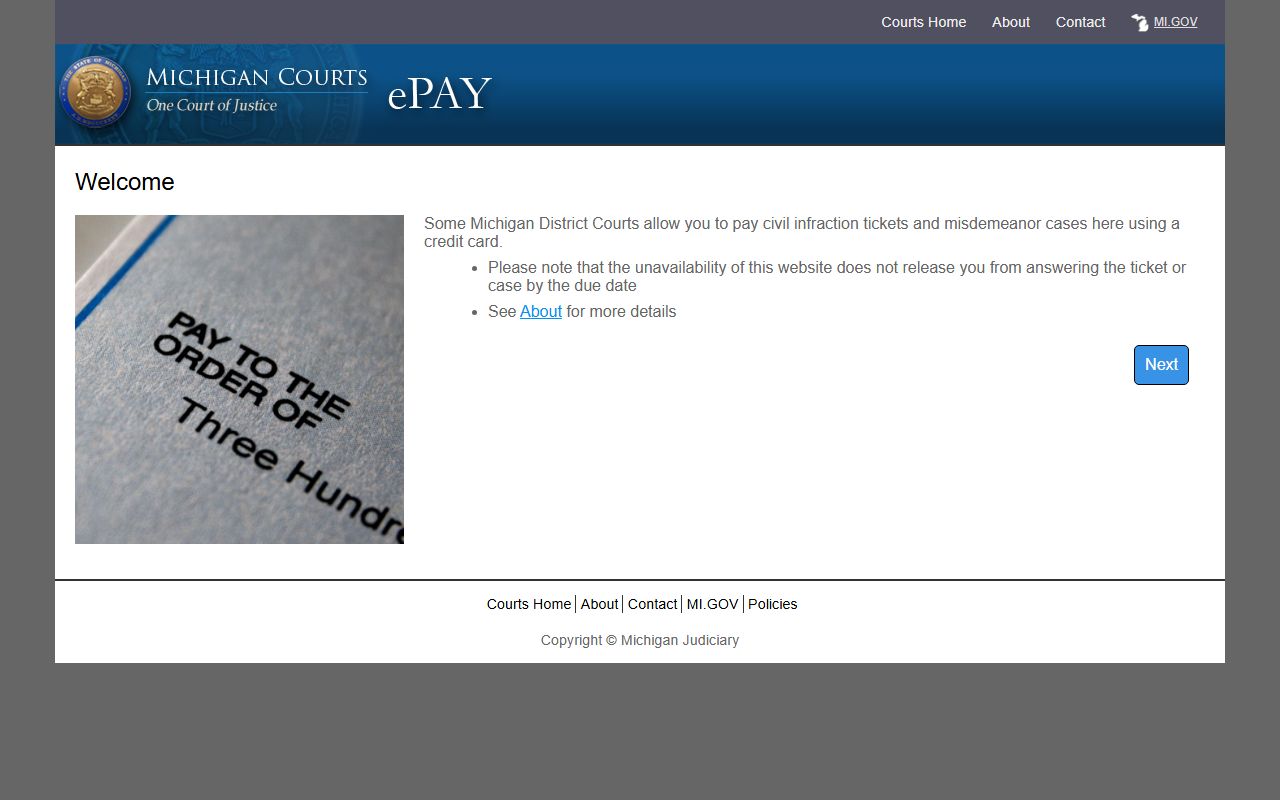 Ontonagon County court dockets access through the Michigan Courts ePAY site