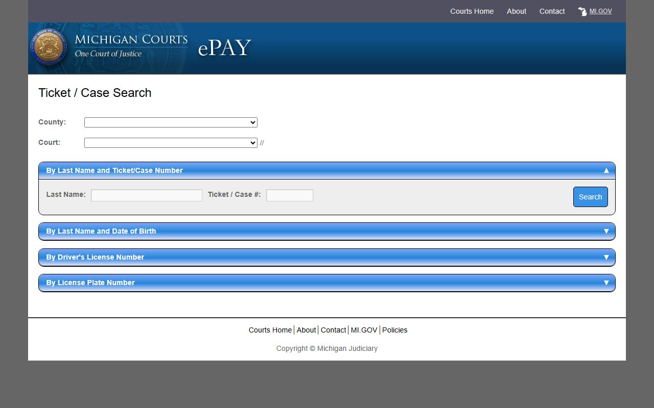 Ontonagon County traffic docket lookup on the Michigan ePAY ticket and case search