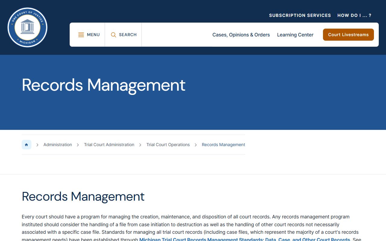 Michigan Courts records-management page describing access limits on Ontonagon County court records