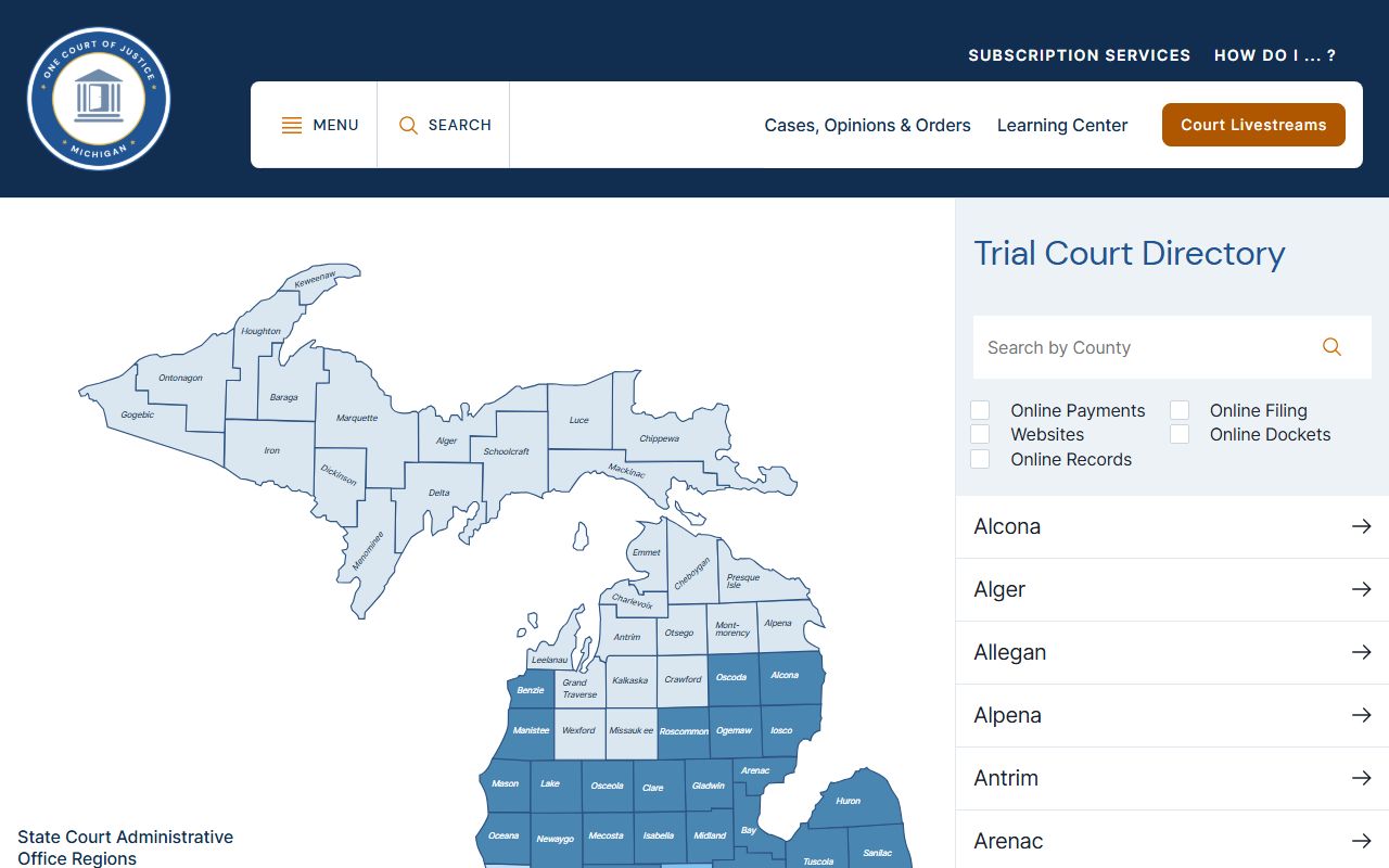 Michigan Trial Court Directory used to find courts that hold Ontonagon County court records