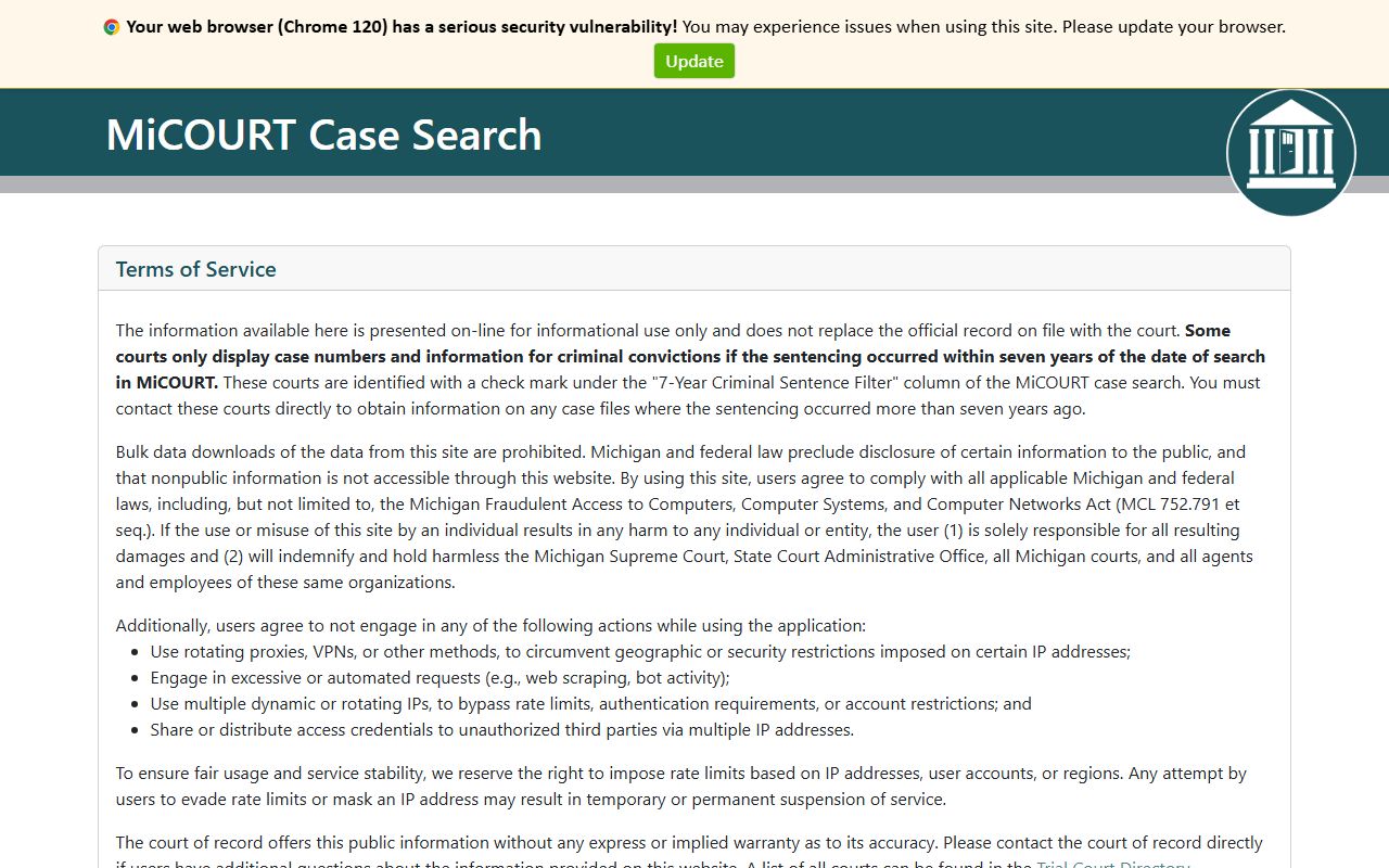 MiCOURT Case Search screen used to look up Ontonagon County court records