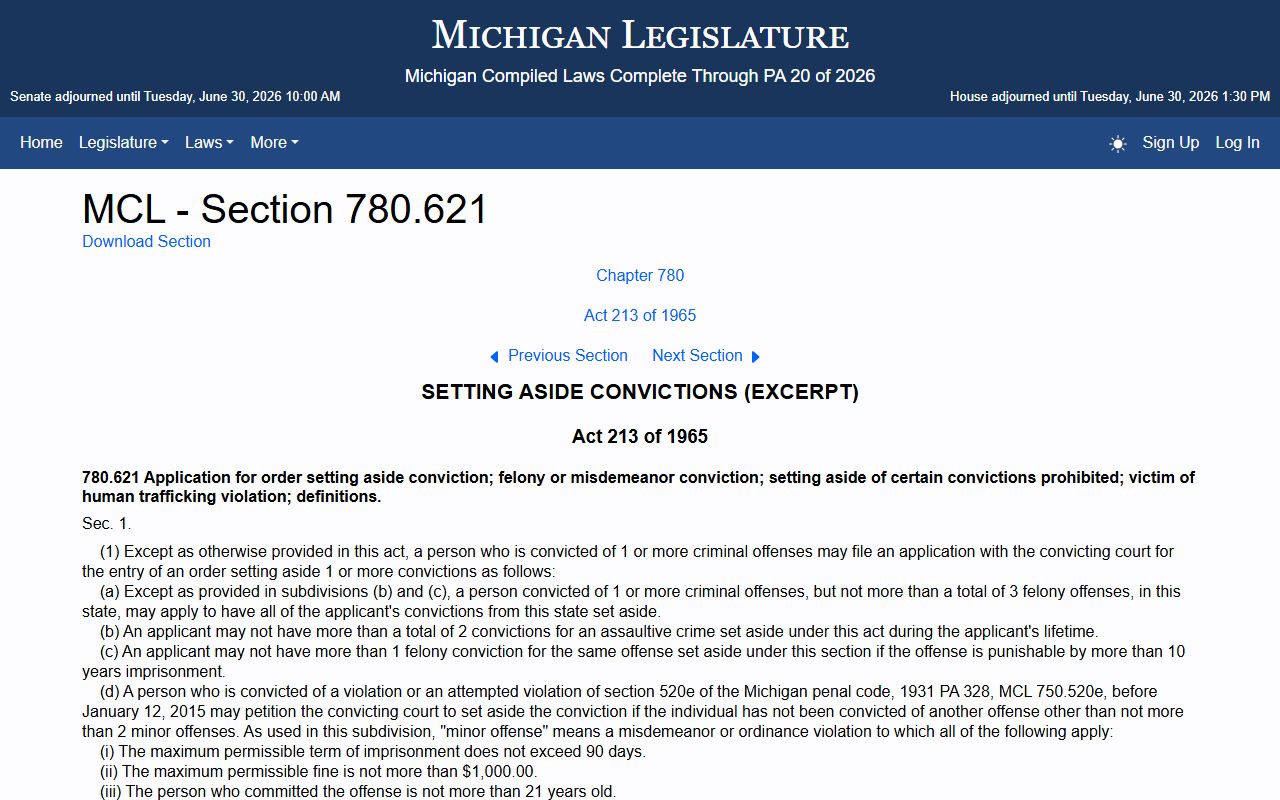 Ontonagon County criminal court records and the Michigan set-aside statute MCL 780.621 for expungement