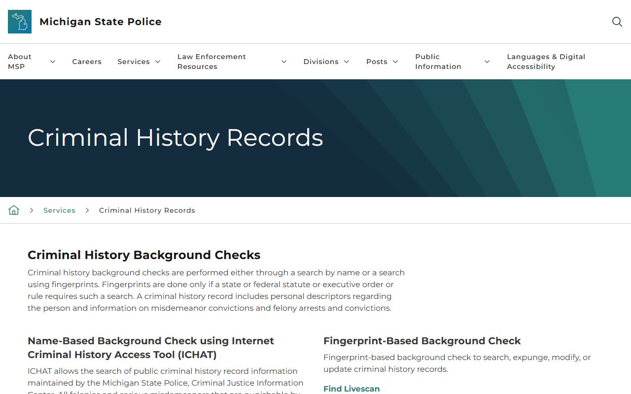 Ontonagon County criminal court records and the Michigan State Police ICHAT criminal-history search page