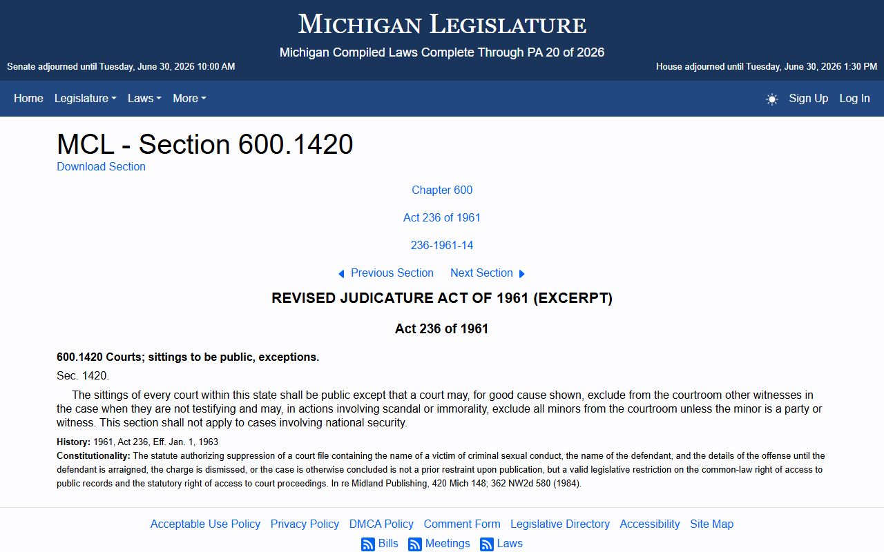 Ontonagon County criminal court records and the Michigan public court sittings statute MCL 600.1420