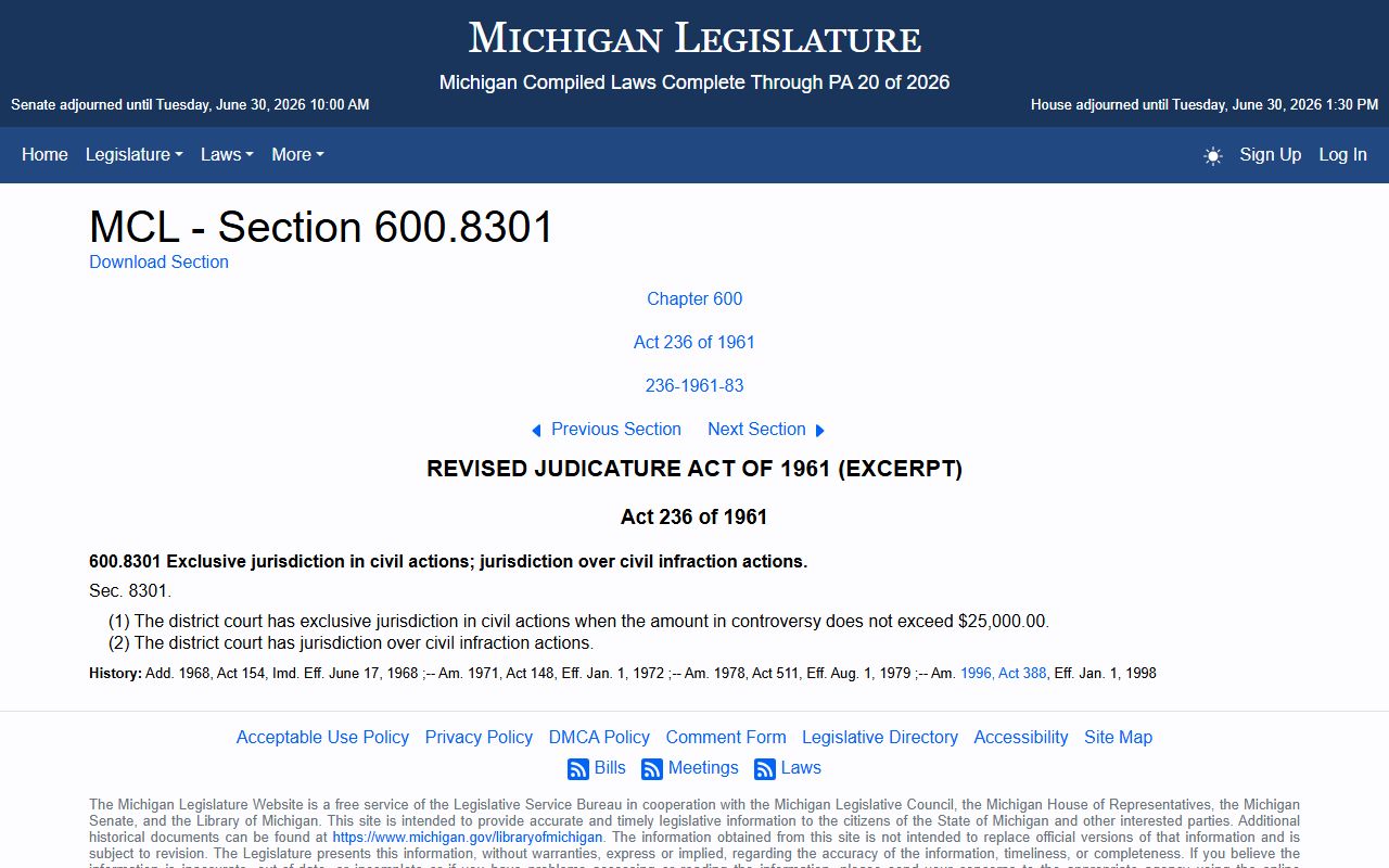 Michigan district court civil jurisdiction statute MCL 600.8301 that sets the limit for Ontonagon County court cases