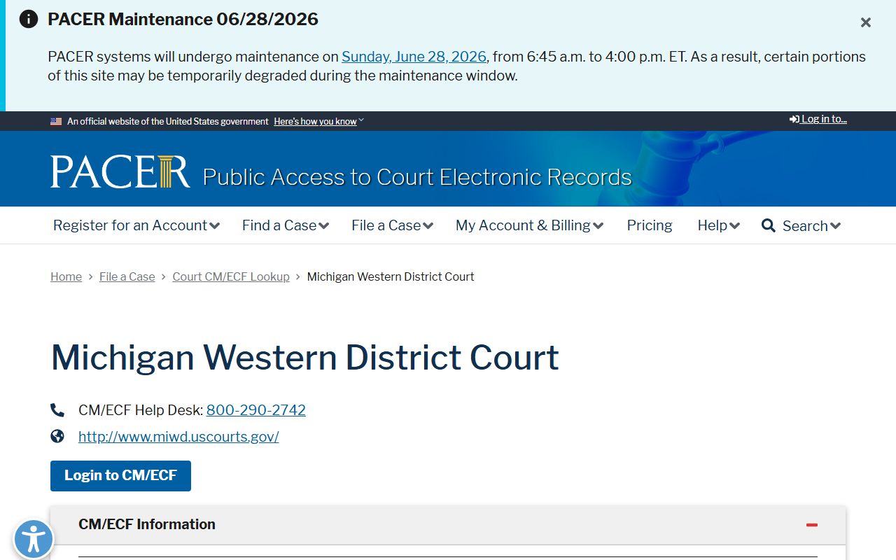 PACER court lookup for the Western District of Michigan serving Ontonagon County federal cases