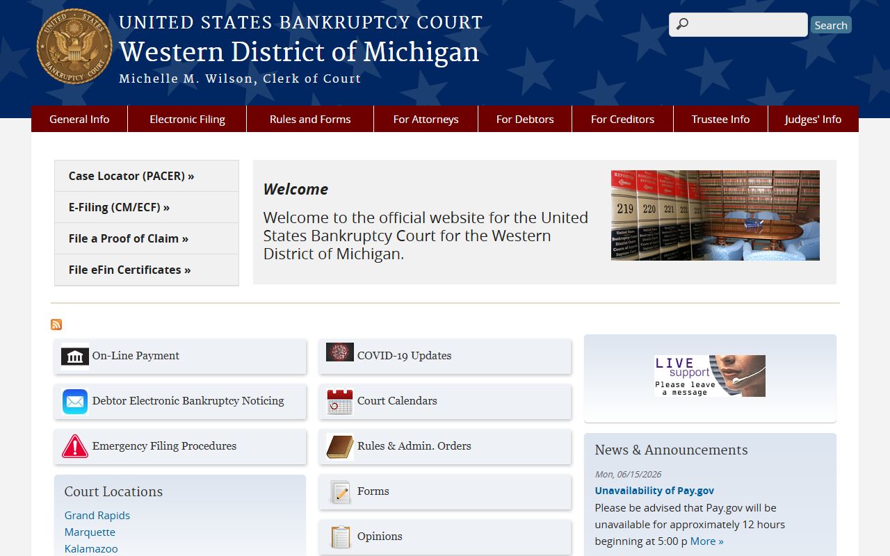 U.S. Bankruptcy Court Western District of Michigan homepage for Ontonagon County bankruptcy records