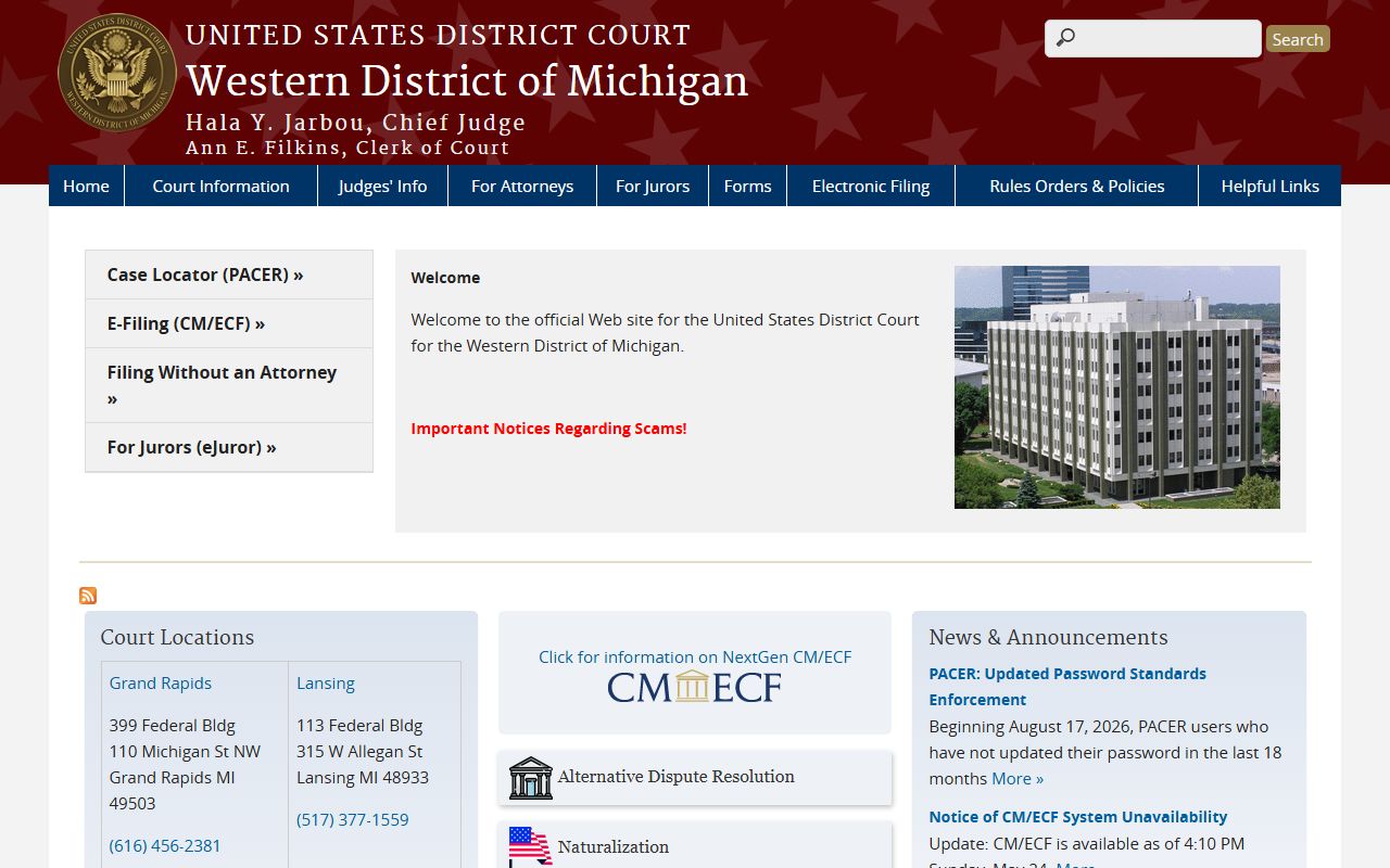 U.S. District Court Western District of Michigan homepage covering federal cases from Ontonagon County