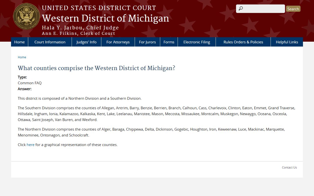 Western District of Michigan county list showing Ontonagon County in the Northern Division