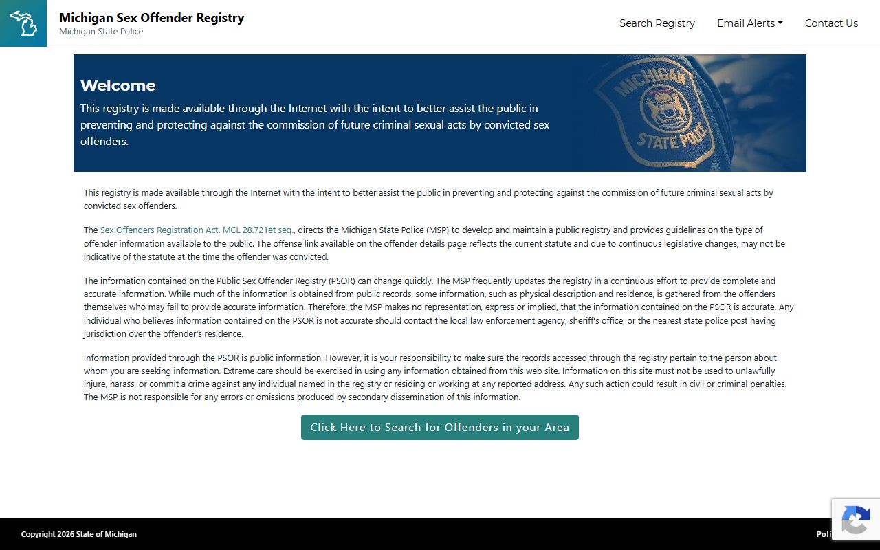 Michigan Sex Offender Registry search used alongside Ontonagon County inmate and custody records