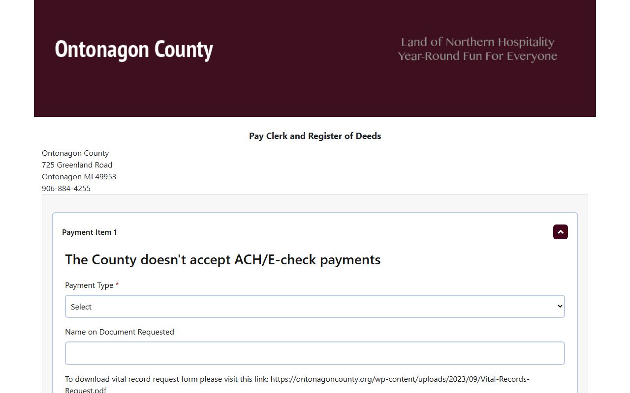 Ontonagon County marriage and divorce records payment portal for certified copies