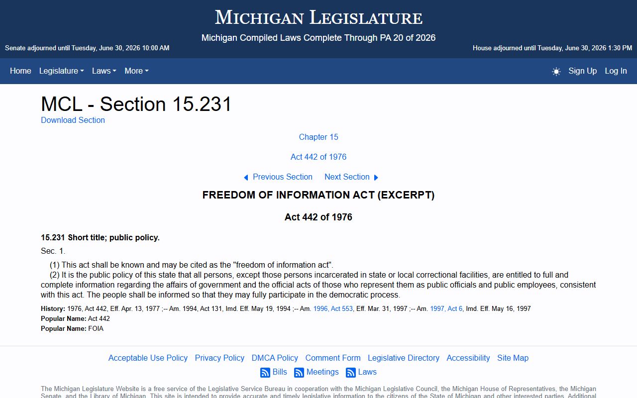 Michigan public records law governing Ontonagon County marriage and divorce records access
