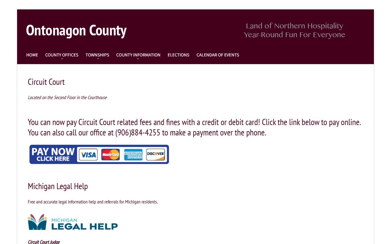 Ontonagon County Circuit Court page with judge and court records contact