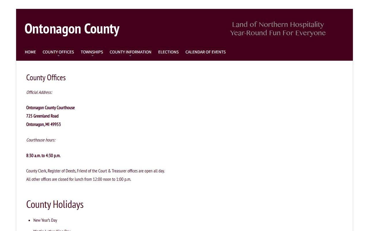 Ontonagon County offices page listing courthouse address and hours for court records