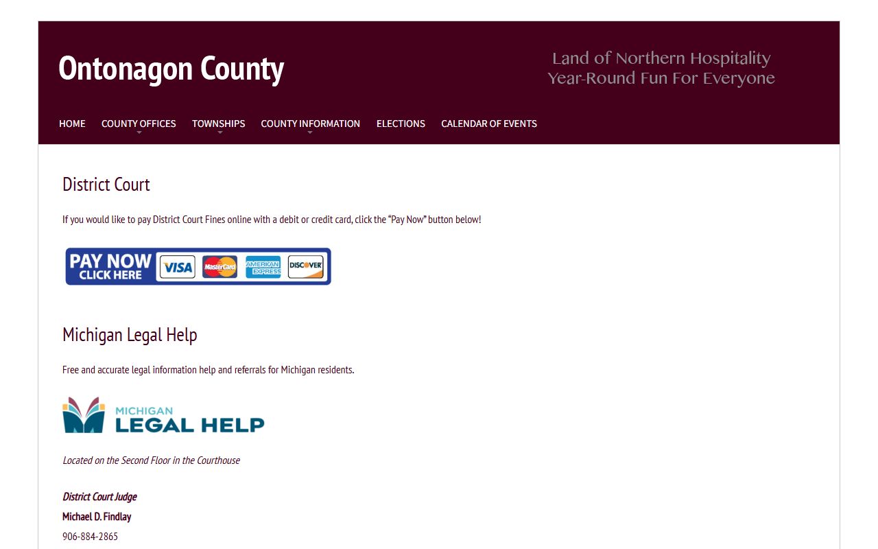 Ontonagon County District Court page for traffic and misdemeanor court records