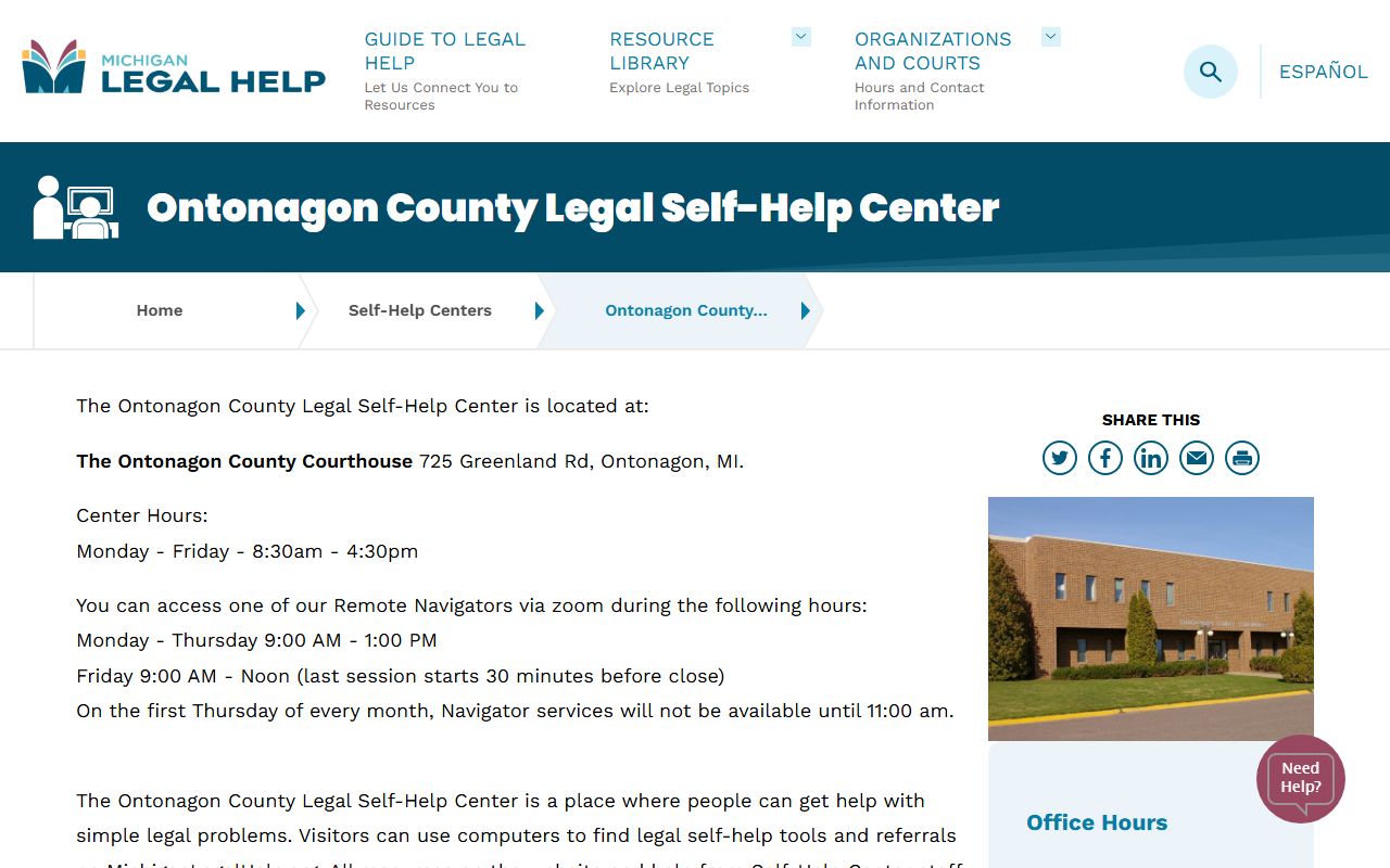 Ontonagon County Legal Self-Help Center page for court records help