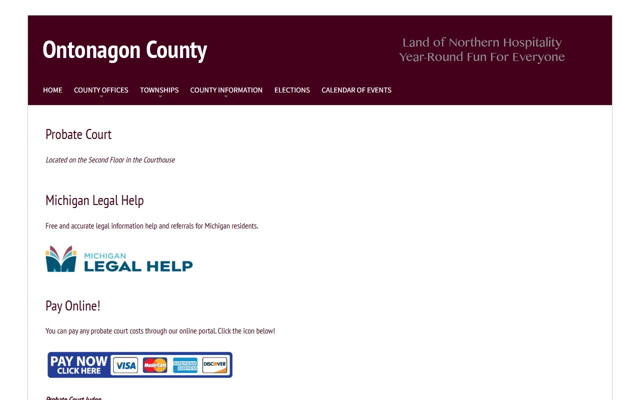 Ontonagon County Probate Court page for estate and probate court records