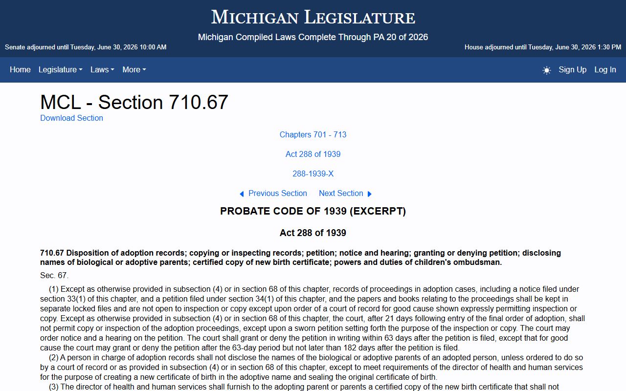 Michigan adoption confidentiality statute MCL 710.67 shielding Ontonagon County probate-adjacent records