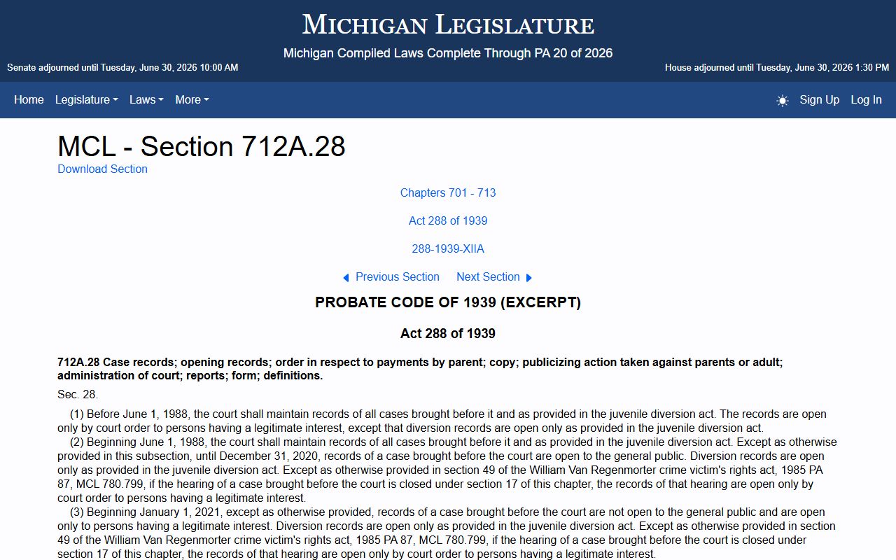 Michigan juvenile case records statute MCL 712A.28 governing Ontonagon County probate-adjacent records
