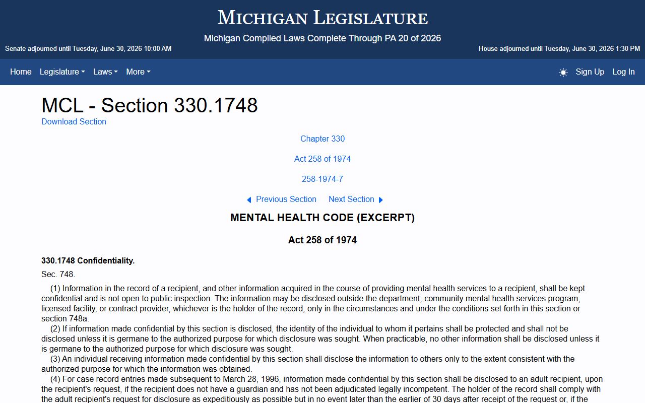 Michigan mental-health confidentiality statute MCL 330.1748 tied to Ontonagon County probate records