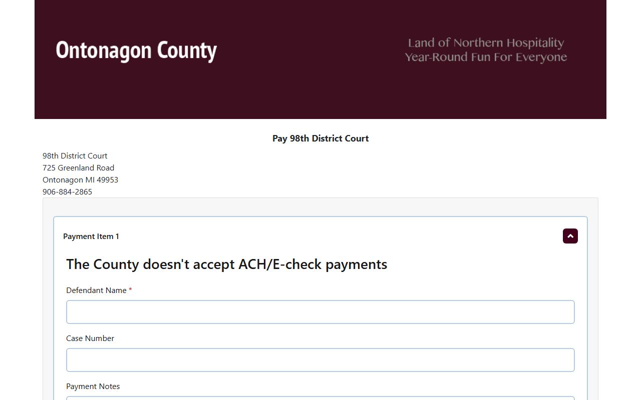 Ontonagon County traffic court records payment through the GovPros 98th District Court portal