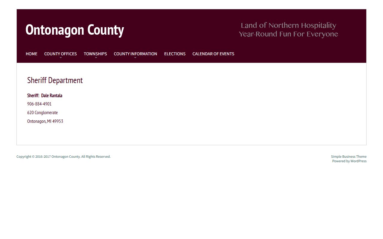Ontonagon County Sheriff Department page used for warrant confirmation and custody questions