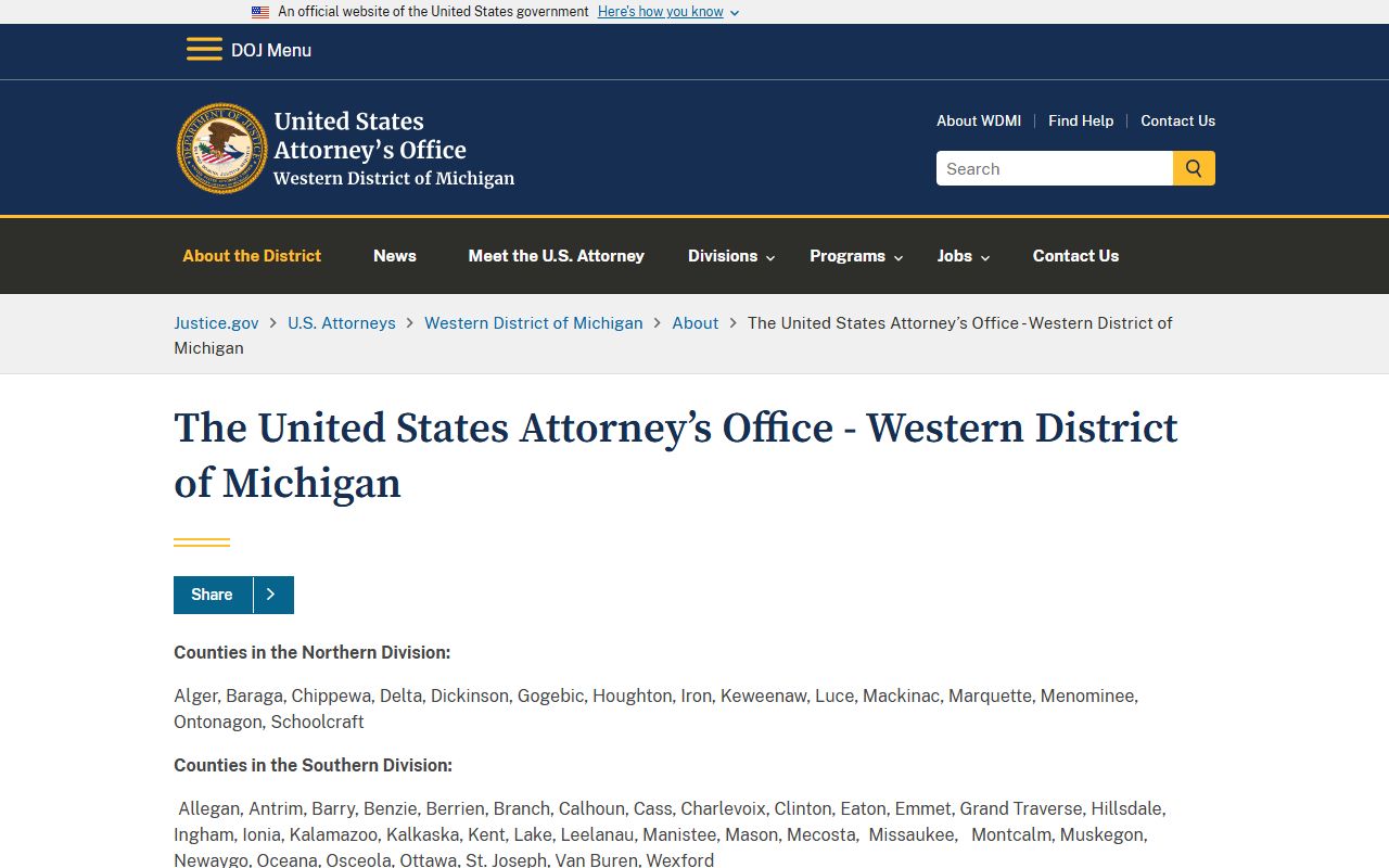 U.S. Attorney Western District of Michigan page covering federal warrants tied to Ontonagon County